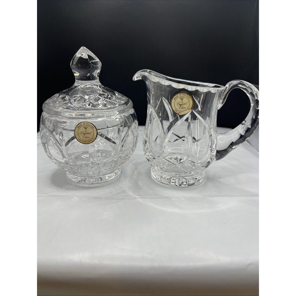 Vtg Crystal Clear Industries Lead Crystal Poland Creamer & Lidded Sugar Bowl Set